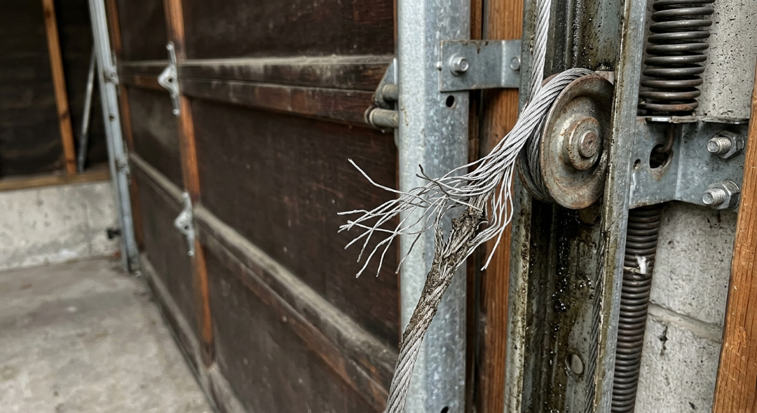 A close-up shot of a broken and frayed steel lift cable hanging off a pulley wheel mechanism inside a garage door system.