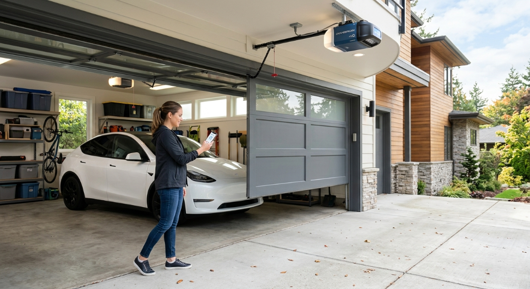 A woman stands on a concrete driveway holding a smartphone, looking toward a modern two-story home as its gray garage door rolls open to reveal a parked white Tesla.