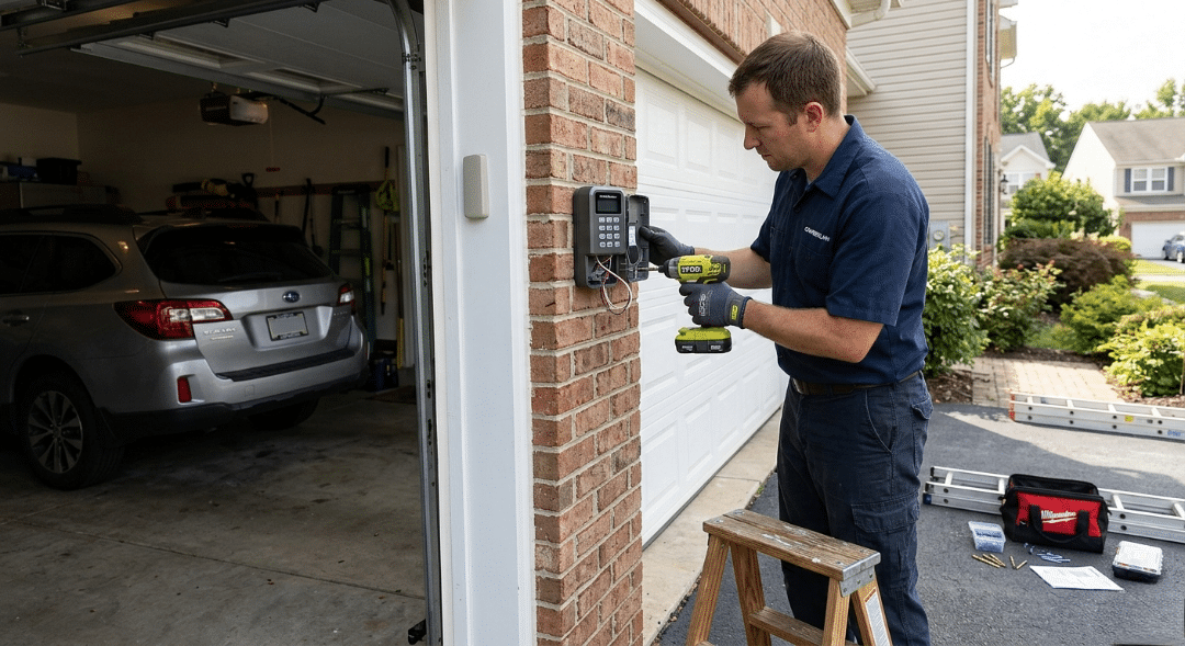 A garage door technician with glasses and gloves stands on a ladder, using a screwdriver to adjust the open wiring compartment of a gray entry keypad.