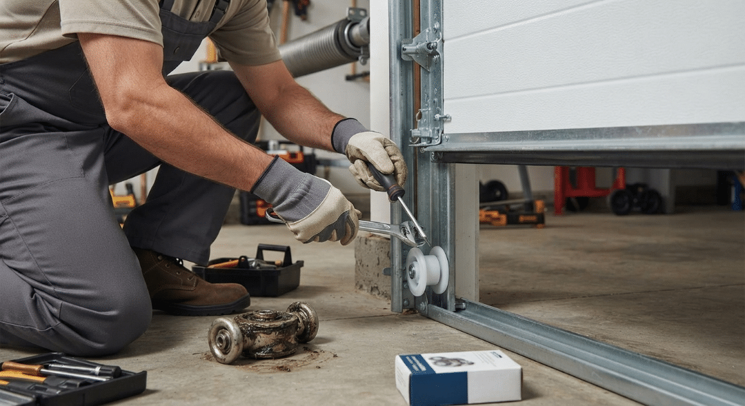 A technician wearing work clothes and safety gloves kneeling on a garage floor while using a screwdriver and wrench to install a new white roller into a garage door track.