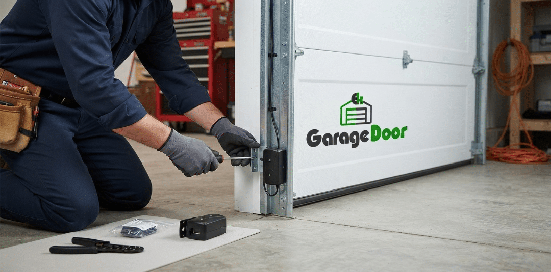 A technician wearing a tool belt and gloves kneels on a garage floor, using a screwdriver to install a safety sensor sensor onto the lower track of a white garage door with a company logo.