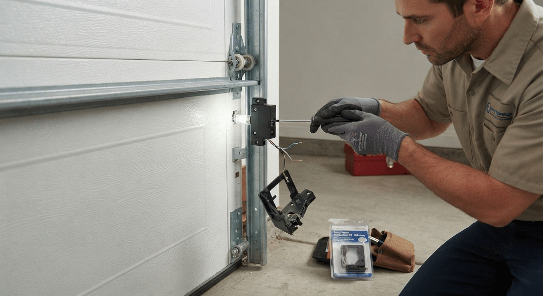 A technician wearing gloves and a tan shirt uses a screwdriver to install a black electronic sensor component onto the side track of a white garage door.