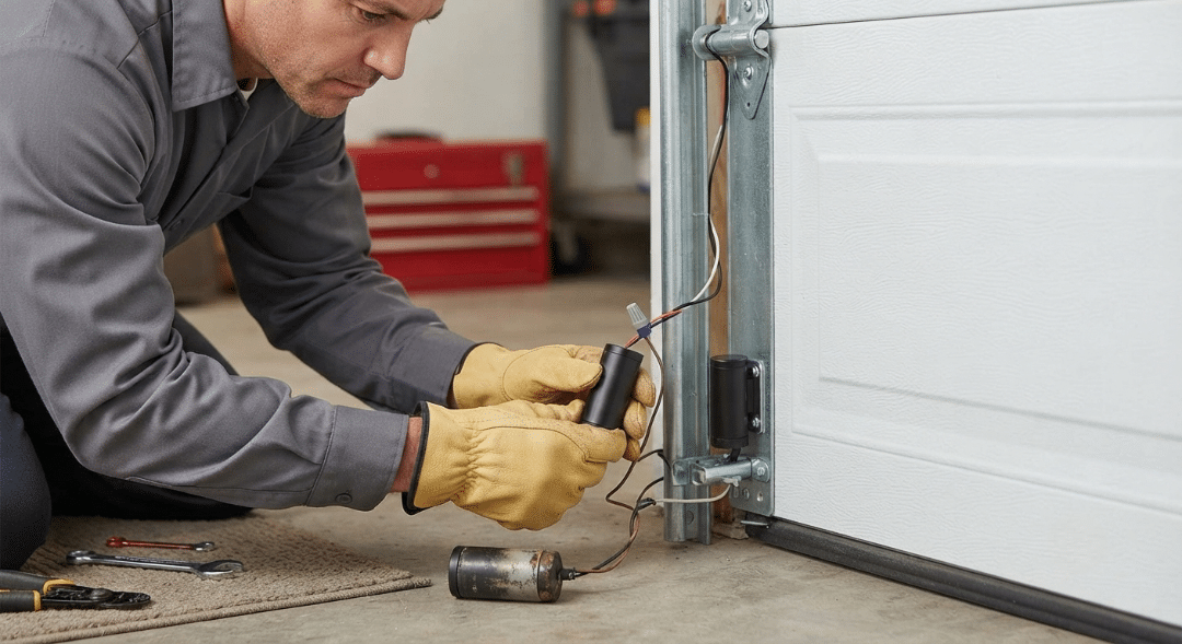 A technician wearing work clothes and leather gloves kneeling on a garage floor while wiring a black sensor component connected to a white garage door track.