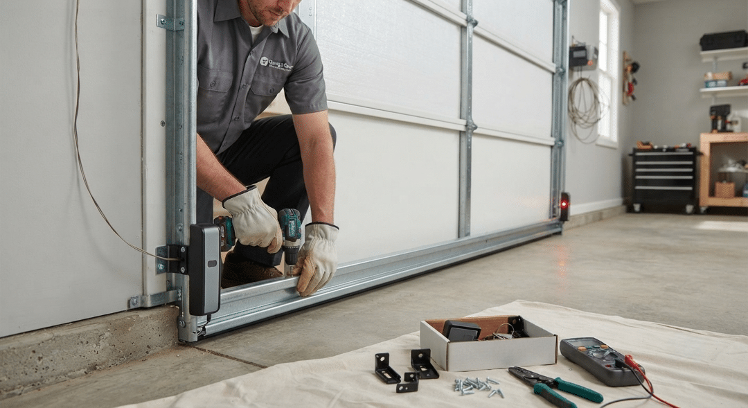 A technician wearing work clothes and safety gloves kneeling on a garage floor, using a power drill to install a garage door safety sensor on the bottom track.