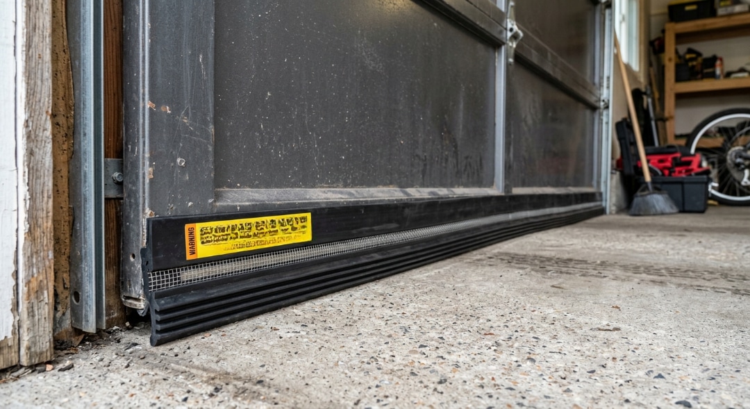 Close-up view of a black rubber bottom weather seal installed along the bottom edge of a heavy garage door, resting against a concrete garage floor.