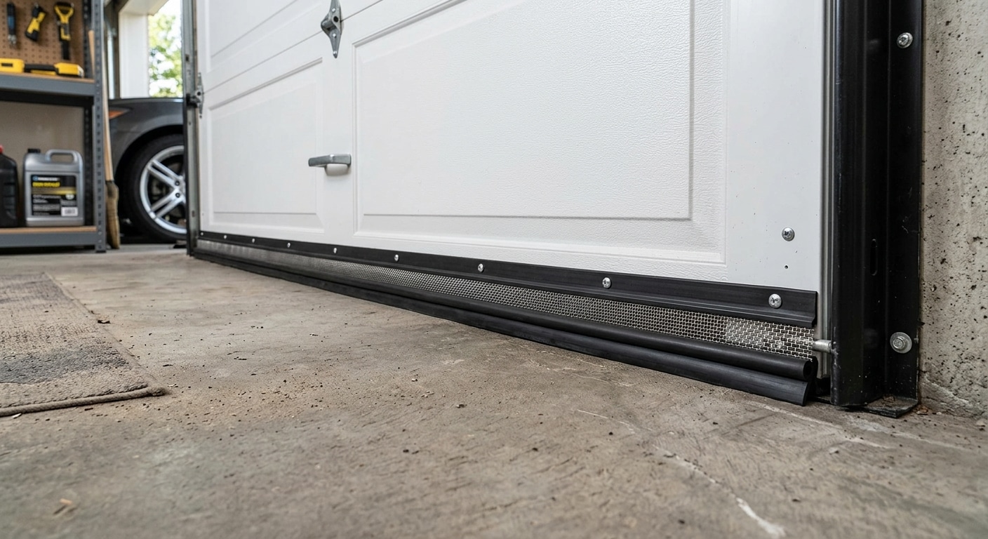 Close-up view of a specialized rodent-proof garage door bottom seal with metal mesh installed along the bottom edge of a white sectional garage door.